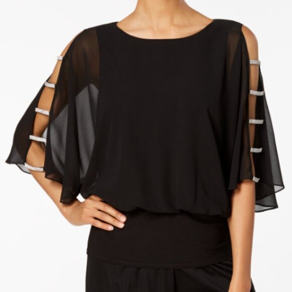 MSK Short Sheer Cut Out Bejeweled Sleeve Blouse - Navy Blue - size PLarge - Picture 11 of 11